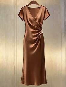 Franclia Plus Size Women Elegant Ruched Pearl Button Decor Short Sleeve Fishtail Dress, Spring/Summer - Coffee Brown - View 3