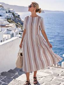 Faunlyn Women's Striped Multicolor Button Half-Placket Round Neck Dress - Multicolor - View 5
