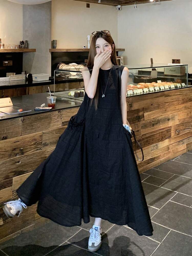 Women's Round Neck Korean Style Sleeveless Casual Mid-Length Dress Sun Dresses For Women