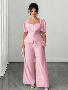 Elenzga Plus Size Women's Elegant Blush Pink Two Pieces Set,Chinese Style Bow Decor Puff Sleeve Top & Pants,Formal Summer Tea Party Outfit For Wedding Prom - Pink - View 7