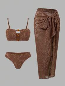 Swim Oasis Bộ bikini 3 mảnh cao cấp dành cho nữ mùa hè 2026, kiểu dáng thanh lịch, thoải mái, hở lưng, đính hạt, họa tiết lá cây, chất liệu đặc biệt, cạp cao, dáng maxi quấn, chất liệu vải cao cấp. - Cà phê nâu - Xem 8