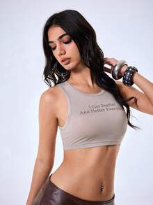 Y2Kool Grey Semi-Transparent Sexy 2000s Street Wear Y2k Slogan Crop Top Suitable For Spring/Summer Parties Night Holidays Beach Trips Music Festivals - Brown - View 5