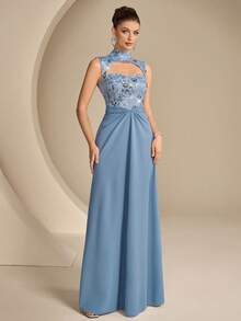 Coutiva Women's Floral Sequin Hollow-Out Formal Evening Gown,Elegant High-End Sleeveless Luxury Party Dress For Wedding,Graduation Ceremony & Ball Ceremony - Dusty Blue - View 7