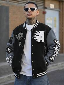 Devon Thys Men's Casual Contrast Color Letter Flocked Patchwork Striped Edge Baseball Long Sleeve Jacket, Autumn Men Streetwear Zip Up Custom Jacket Letterman Jacket Men Varsity Jacket - Dark Grey - View 6