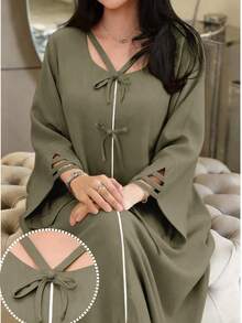 Yasmyna 女士纯色系带休闲派对阿拉伯风格连衣裙 - 軍綠色 - 查看 2