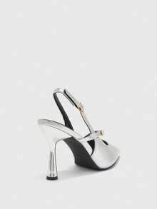 CUCCOO BIZCHIC Women Shoes Silver Metallic Back Strap Shoes, Rhinestone Buckle Decoration, Shining Dinner Party Dating Temperament Pointed Shoes - Silver - View 9