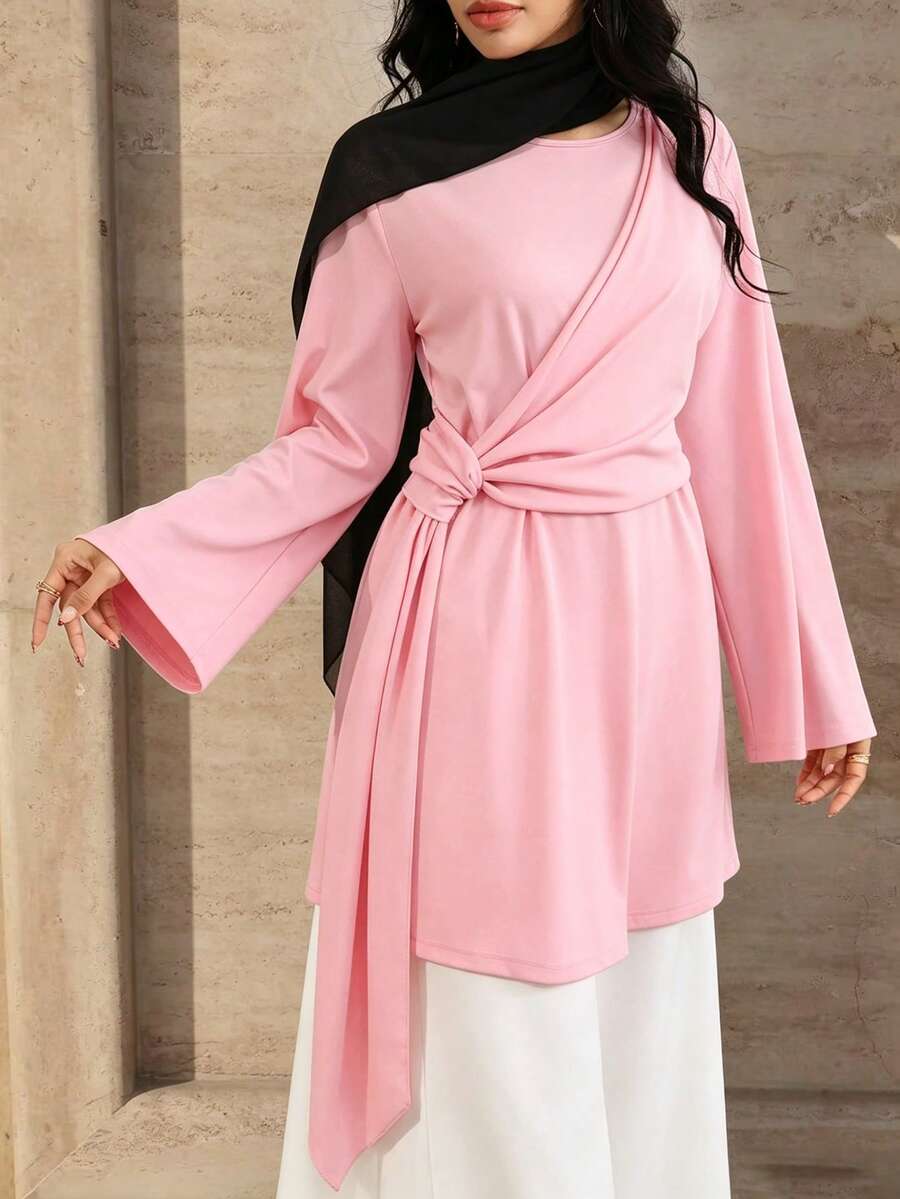 Modelyn Áo kiểu tay dài xếp ly thắt nơ thanh lịch, thiết kế độc đáo, duyên dáng dành cho nữ.
