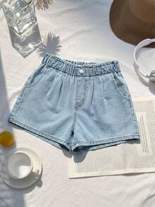 SHEIN Teen GirlCasual Denim Shorts, New Arrival, Fashionable Minimalist Design, Drawstring Waist, Light Blue Washed Soft Jeans Shorts - Light Wash - View 3
