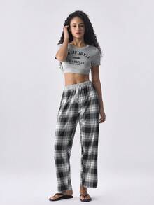 Loungeista Set Piyama Wanita 2 Potong Atasan Lengan Pendek Leher Bulat Bermotif + Celana Panjang Lurus Pinggang Elastis untuk Musim Panas - Grey - View 8