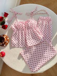 Conjunto de 2 piezas de camiseta de tirantes y pantalones con estampado de lunares, estilo casual de primavera para mujer. Conjunto de 2 piezas de lunares lindo para verano. Conj - Rosa - Ver 7