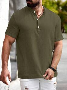 Manfinity Homme Manfinity Nomadique Men's Casual Cotton-Linen Shirt Summer Hengli Collar - Army Green - View 6