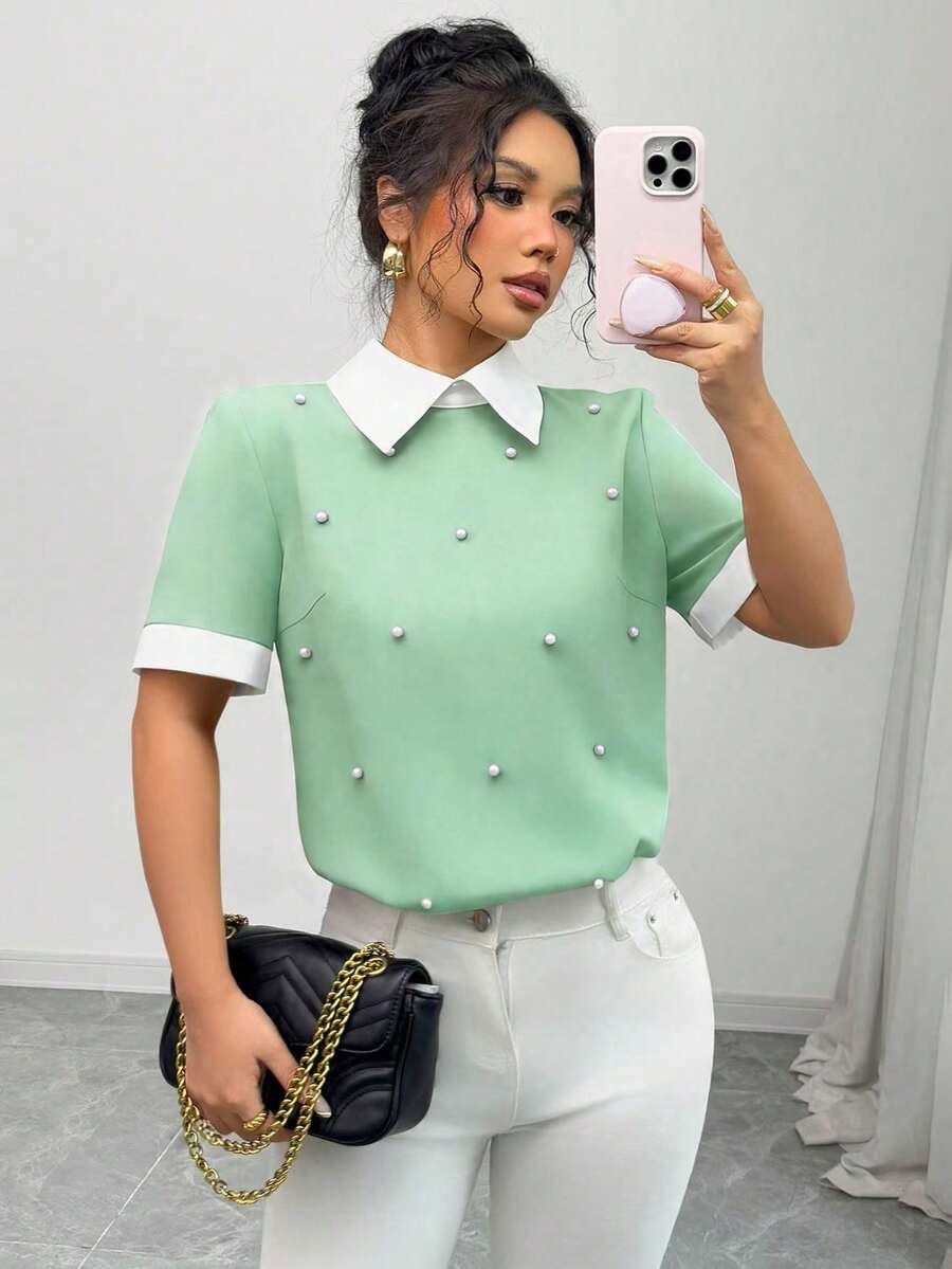 SHEIN Clasi 女款拼色珠飾領短袖襯衫 春夏辦公早午餐薄荷綠優雅風 - 薄荷綠 - 查看 1