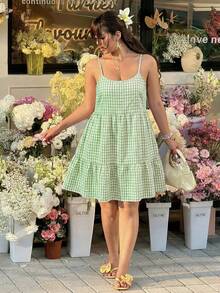 GalTyme Plus Size Spaghetti Strap Backless Summer Dress - Olive Green - View 4