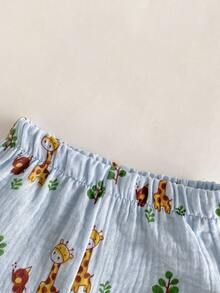 SHEIN 2pcs/Set Baby Boy Round Neck Button-Up Short Sleeve Top & Deer Print Shorts Set, Cute Casual Outfit For Spring/Summer - Baby Blue - View 5