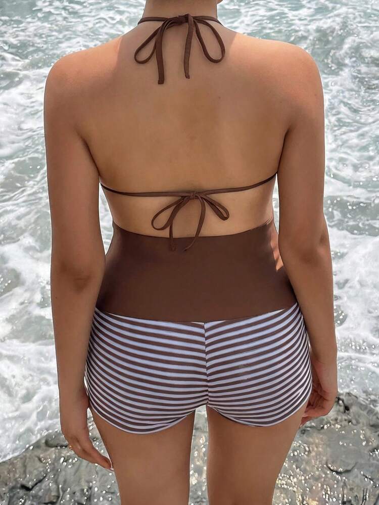 Dazy Plus Plus Size Women's Halter Tie Striped Fabric Backless Sexy Casual Beach 2-Piece Swimwear Set, Spring/Summer