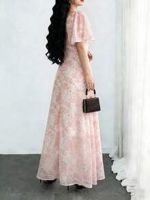 Modelyn Vestido rosa con volantes y estampado floral, vestido de estilo francés para vacaciones de verano para mujeres - Multicolor - Ver 5