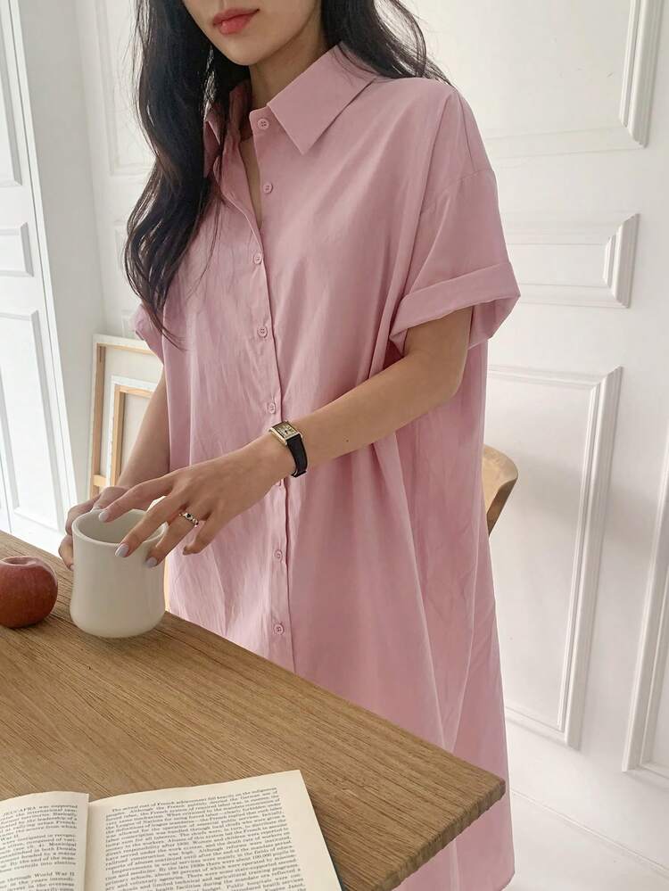 Women's Casual Solid Color Lapel Long Sleeve Mid-Length Dress, Spring/Summer Sun Dresses For Women