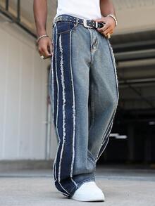 Manfinity EMRG Men's American Fashion Street Casual Street Wear Distressed Loose Fit Washed Denim Jeans Back-To-School Graduation Navy Blue Summer - Blue - View 4