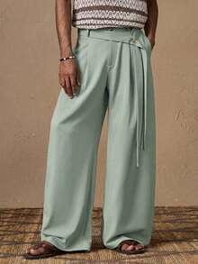 AKNOTIC Business Casual 男士寬腿褲，金色鈕扣與腰部纏繞帶設計，寬鬆版型，度假風，夏季時尚風格，足球 - 薄荷綠 - 查看 5