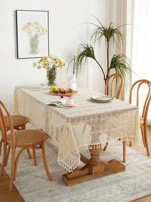 Cirelle 1pc Boho Crochet Round Tablecloth, Vintage Knit Hollow Out Table Cover With Tassels, Rustic Macrame Tablecloth For Dining Room, Kitchen, Cafe Decor - Beige - View 8