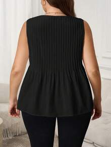 SHEIN LUNE Plus Size Solid Color Round Neck Pleated Casual Versatile Tank Top, Suitable For Summer - Black - View 2