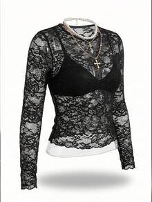 EMERY ROSE Damen Große Größen Sexy Transparente Spitzenbluse - Schwarz - Übersicht 3