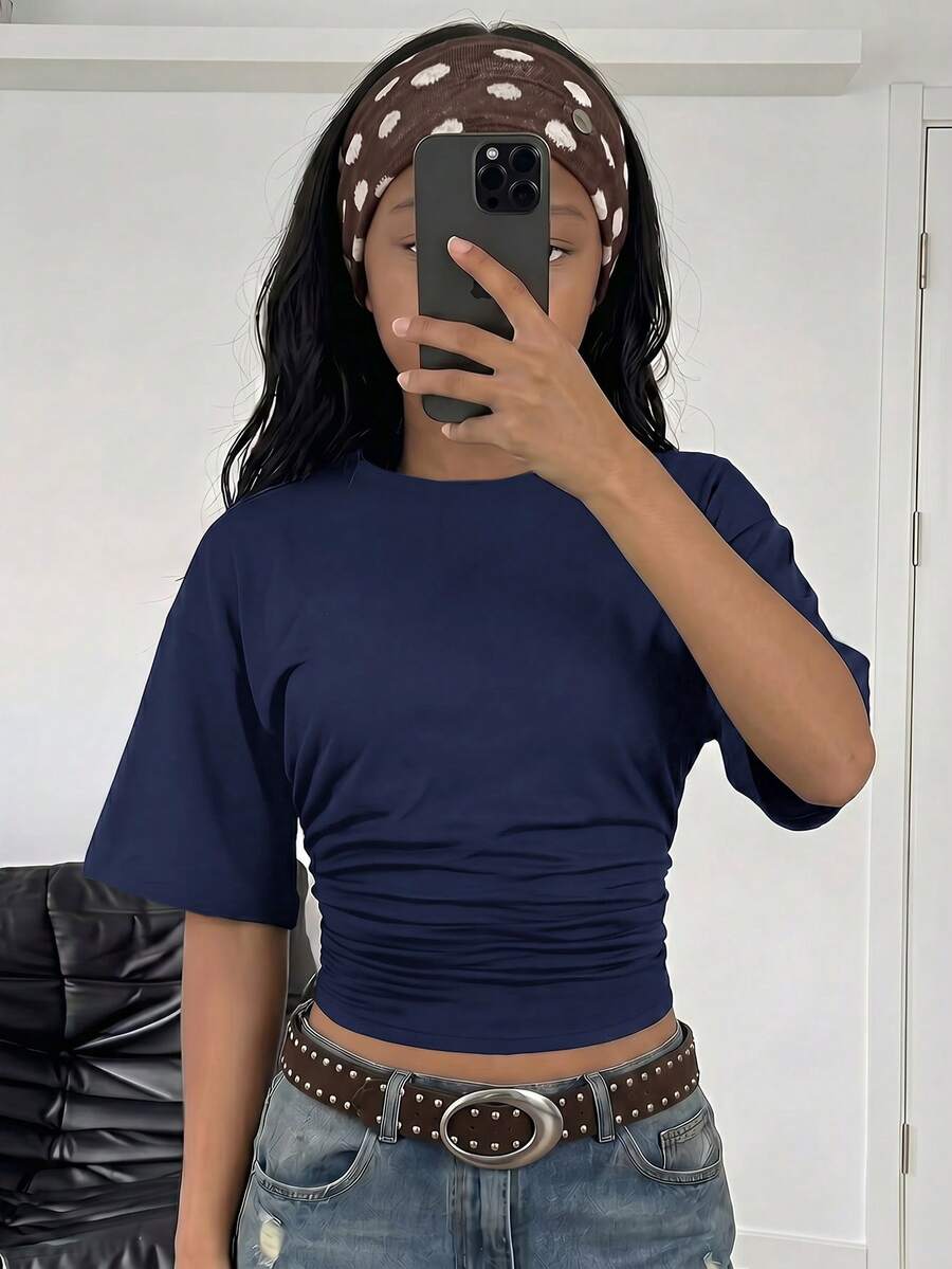 SHEIN 少女新款时尚优雅纯色休闲百搭腰部褶皱T恤,适合日常、上学、海滩、度假和居家穿着,蓝色,夏季款 - 藏蓝色 - 查看 1