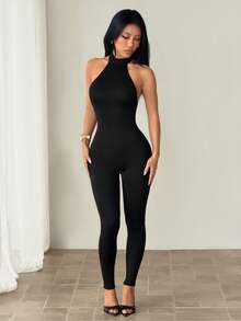 SHEIN PETITE Bộ jumpsuit lửng ôm sát cổ cao, thích hợp cho đi chơi hàng ngày, dự tiệc tối, phong cách đường phố gợi cảm, thanh lịch, sang trọng, mùa xuân hè. - màu đen - Xem 1