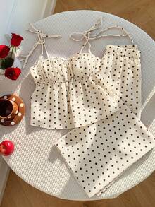 Conjunto de 2 piezas de camiseta de tirantes y pantalones con estampado de lunares, estilo casual de primavera para mujer. Conjunto de 2 piezas de lunares lindo para verano - Amarillo claro - Ver 6