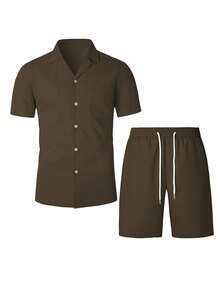 Manfinity Homme Conjunto casual de camisa de manga corta y pantalones cortos de unicolor para hombre - Café integral - Ver 5