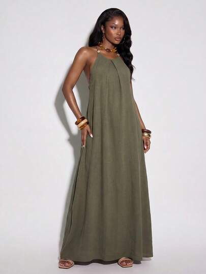 Normani Women's Solid Color Backless Tie-Up Design Maxi Slip Dress