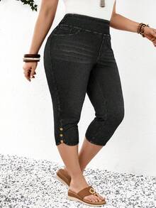 EMERY ROSE EMERY ROSE Plus Size Women Elastic Waist Casual Skinny 3/4 Length Jeans - Black - View 4