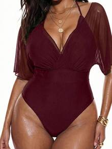 Swim Basics Baju Renang Terusan Minimalis Warna Polos untuk Liburan Pantai Musim Panas Wanita Ukuran Besar - Burgundy - View 1