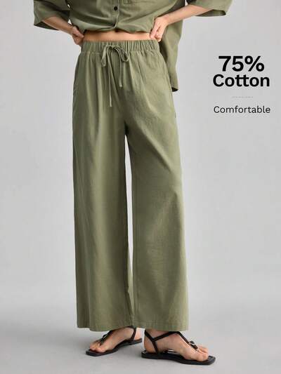 Women's Sage Green Summer Casual Lounge Pants,Premium Cotton Comfortable Elastic Waistband Trousers With Side Pockets,Unisex Urban Minimalist Design