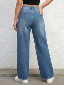 Jean mezclilla corte mom tiro alto recto cierre inferior - Denim Clásico Intenso - Ver 3