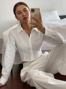 DAZY Solid Color Turndown Collar Long Sleeve Drawstring Hem Women Shirt Teachers' Day Office White Autumn Basic Smart Casual - White - View 3