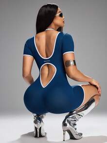 Innovista Bộ jumpsuit ngắn tay ôm sát, không lưng, phối màu tương phản, thời trang mùa hè dành cho nữ, chất liệu co giãn. - Xanh đậm - Xem 8