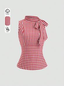Sweetra Áo kiểu dáng đồng quê Pháp cổ điển, kẻ caro đỏ, thắt nơ, dáng rộng lãng mạn, thích hợp cho mùa xuân ngọt ngào dành cho phái nữ. - Màu Đỏ Sâu - Xem 1