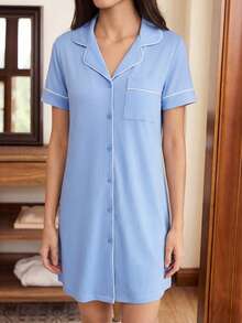 Doze Lane Cotton Cardigan Turndown Collar Button-Up Women Short Sleeve Nightgown - Baby Blue - View 4