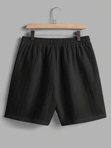 Manfinity Homme 男士夏季休闲度假通勤纯色纹理面料短袖衬衫和抽绳腰短裤套装 - 黑色 - 查看 6