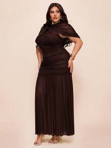 SHEIN BAE Plus Size Women's Green Extra Long Wrap Style Dress, Vacation Dress - Coffee Brown - View 6