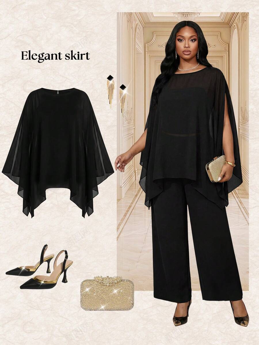 Fleurora Plus Size Elegant Party Solid Color Sheer Cape Blouse Plus Size Black Top Plus Size Sheer Top Spring Top For Women Going Out Tops Summer Tops - Black - View 1
