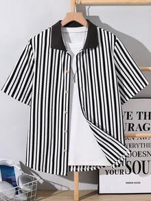 SHEIN 青少年男孩條紋鉤編休閒襯衫，短袖領口襯衫，適合夏季、Y2K、畢業、返校、舒適海灘度假日常穿著 - 彩色 - 查看 2