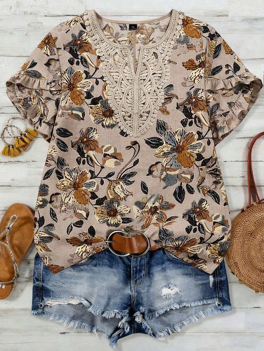 Linhara Plus Size Woven Casual Resort Summer Women's Shirt - Apricot - View 1