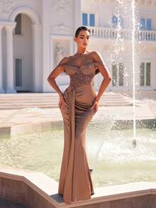 Glamrae Đầm bơi dáng đuôi cá trễ vai, xếp ly, sang trọng, đính cườm và sequin, chất liệu dệt kim co giãn, thích hợp cho đám cưới, tiệc tùng, kỳ nghỉ, dạ hội (đính kèm nhiều chi tiết trang trí). - Cà phê nâu - Xem 1