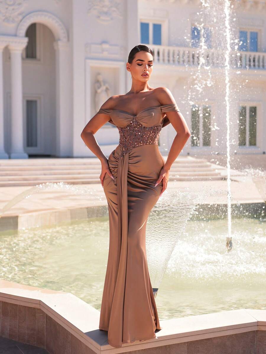 Glamrae Đầm bơi dáng đuôi cá trễ vai, xếp ly, sang trọng, đính cườm và sequin, chất liệu dệt kim co giãn, thích hợp cho đám cưới, tiệc tùng, kỳ nghỉ, dạ hội (đính kèm nhiều chi tiết trang trí). - Cà phê nâu - Xem 1