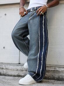 Manfinity EMRG Men's American Fashion Street Casual Street Wear Distressed Loose Fit Washed Denim Jeans Back-To-School Graduation Navy Blue Summer - Blue - View 6