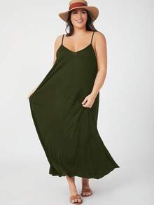 SHEIN BASICS 大码女式纯色宽松休闲吊带连衣裙 - 軍綠色 - 查看 5