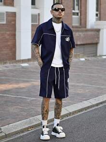 Devon Thys Set bărbătesc cu cămașă și pantaloni scurți, cu mânecă scurtă și imprimeu cu dungi laterale și stele - Albastru marin - Vizualizare 1