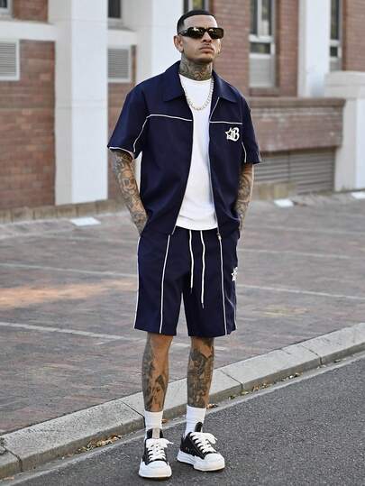 Devon Thys 男式侧条纹和星星印花短袖拉链衬衫和短裤套装